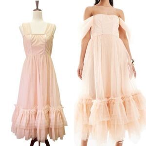 Lace & Beads Powder Pink Corset Tulle Midi Maxi Dress Size 8 Coquette Romantic